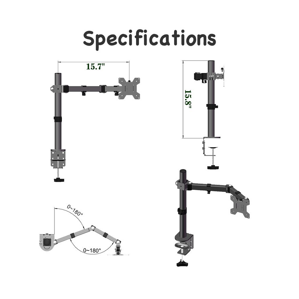 Desktop TV stand with swivel and tilt motion, showing measured arm angles