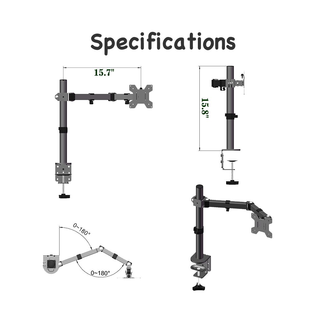 Desktop TV stand with swivel and tilt motion, showing measured arm angles