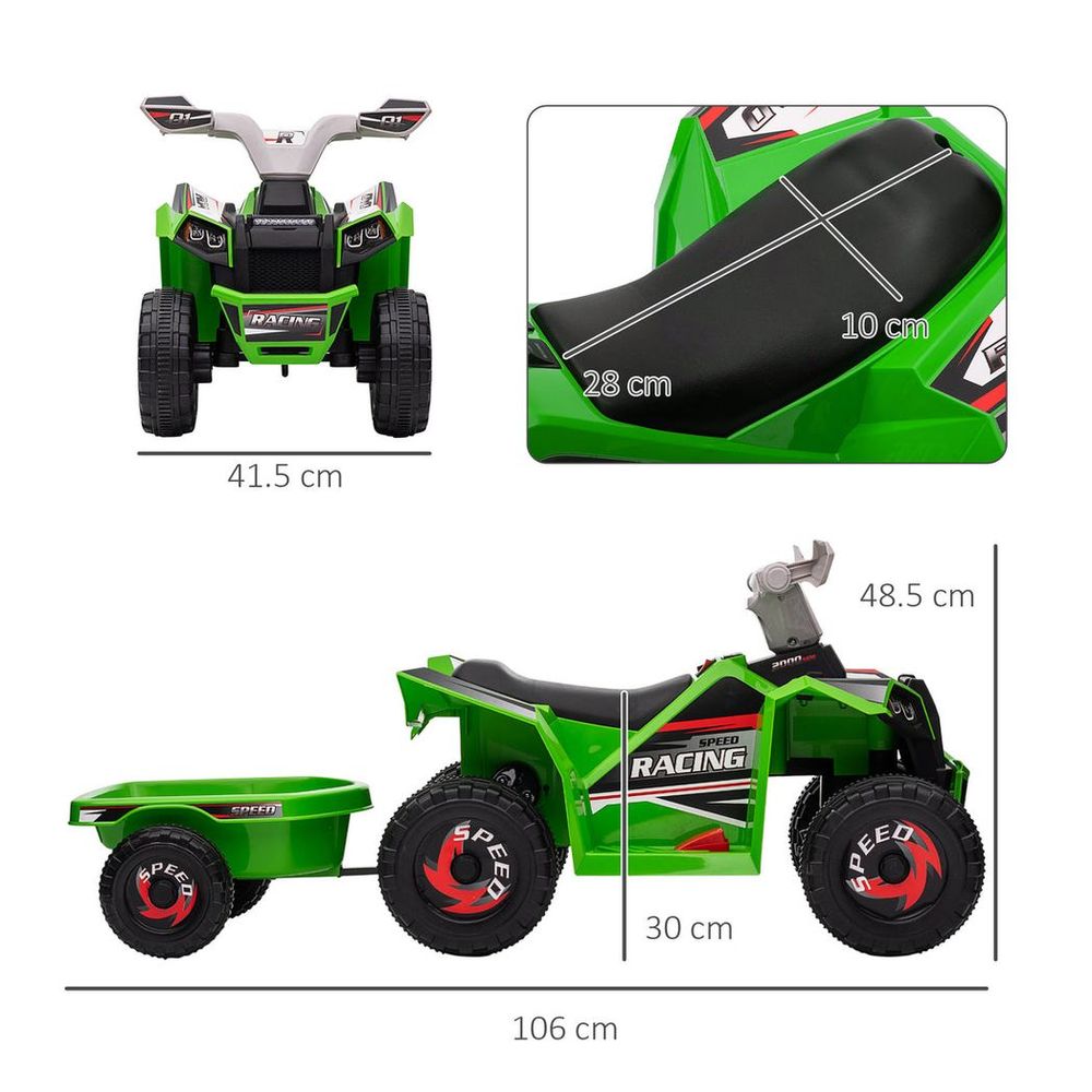 Green ride-on quad bike with black seat, four large tires, and rear trailer platform