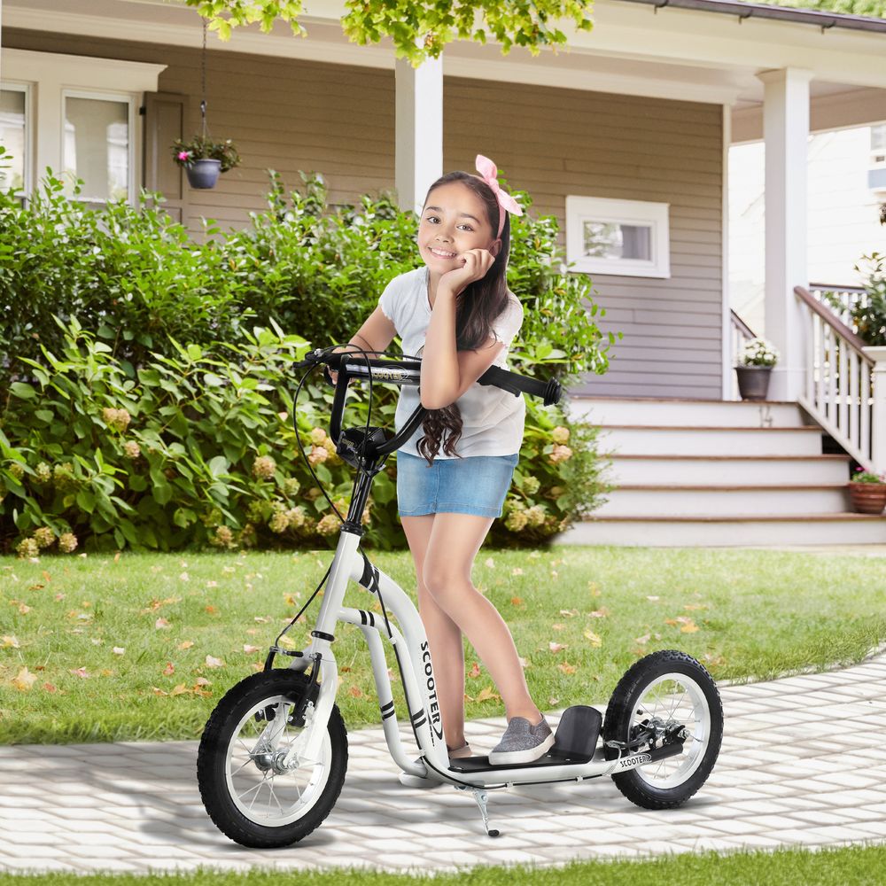 White kids kick scooter with black handlebar brakes, black seat, and 12-inch wheels