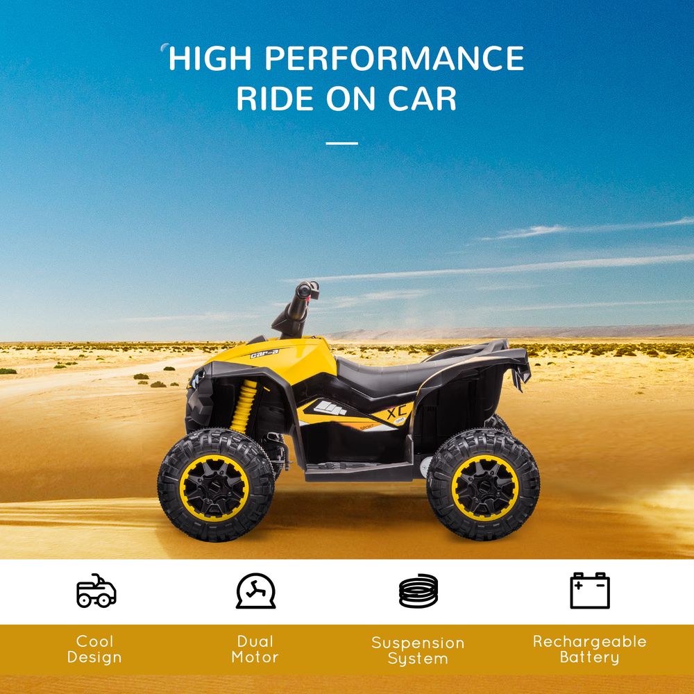 Yellow and black kids electric quad bike with four-wheel suspension and LED headlights