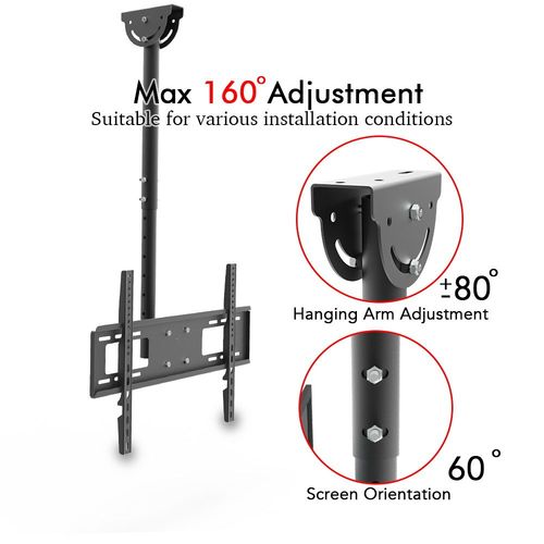 Ceiling TV mount bracket with swinging arm adjustment and screen orientation features