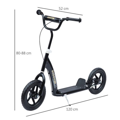 Kids kick scooter with black frame and wheels, side view with deck and handlebars