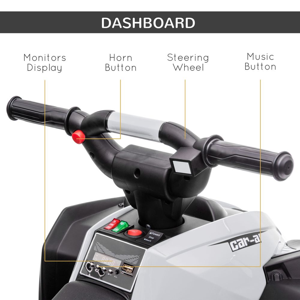 White and black quad bike dashboard with steering wheel and control buttons