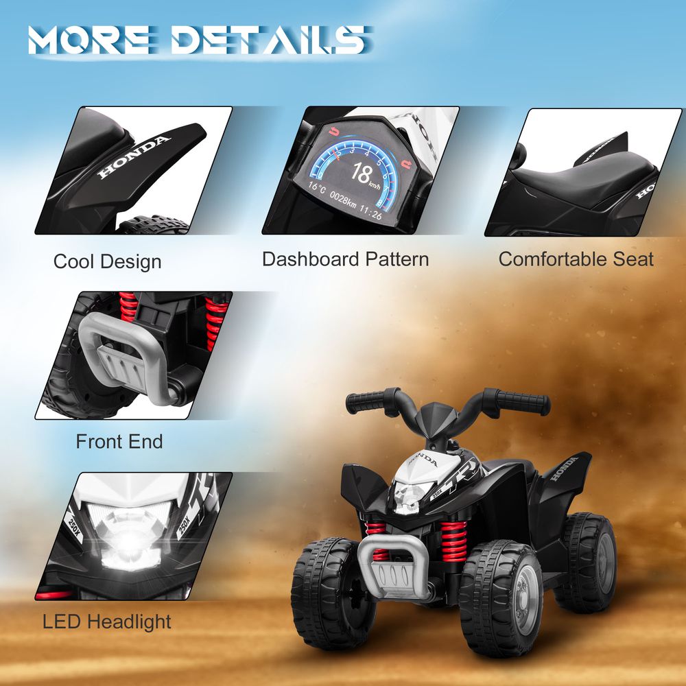 Black kids electric quad bike with dashboard, LED headlight, and comfortable seat