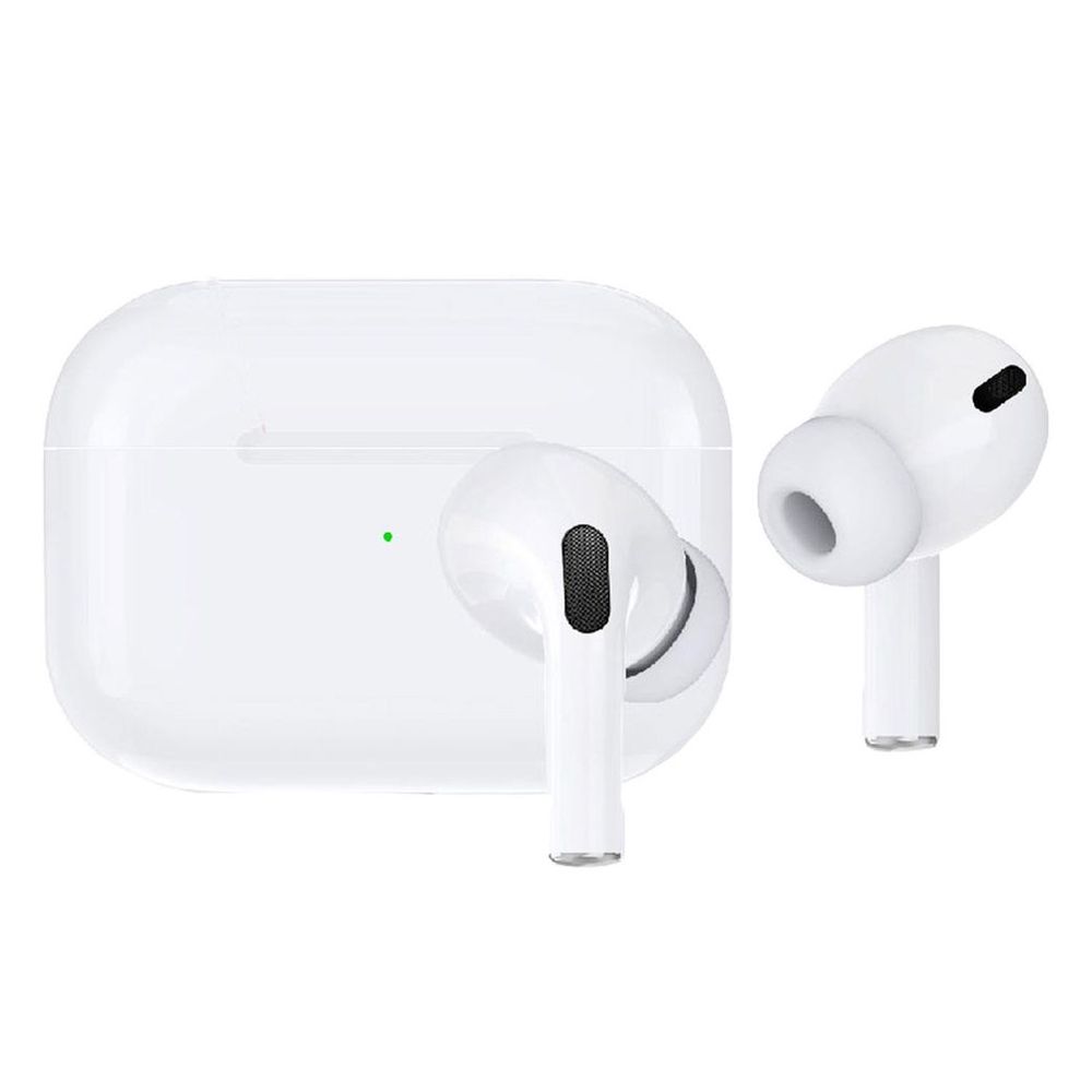 White wireless earbuds with microphone grille, showing earbuds and charging case