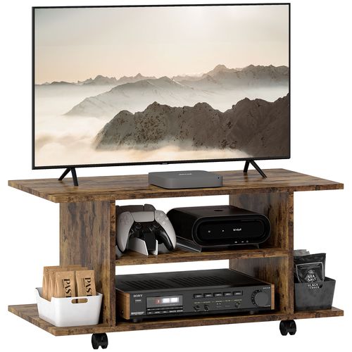 Rustic brown TV cabinet stand with open shelves and rolling caster feet