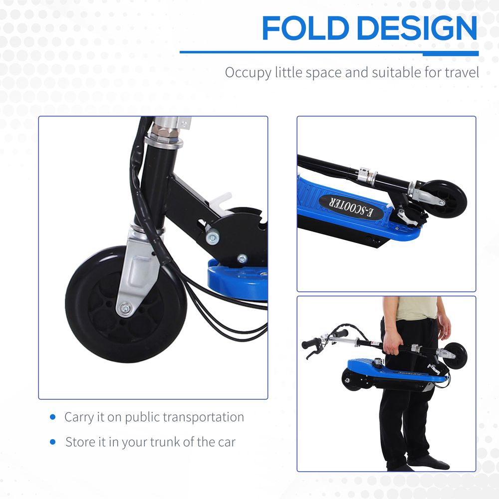 Kids electric ride-on scooter with blue deck, foldable design and wheel close-ups