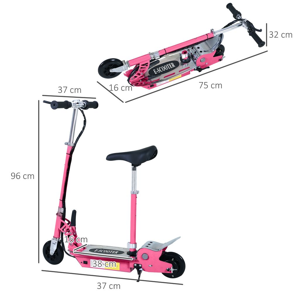 Pink electric scooter with seat and footboard, shown with size outline dimensions