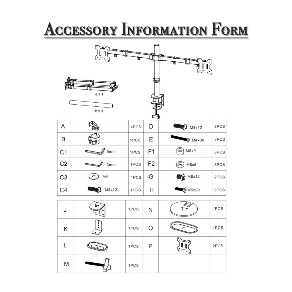 Accessory information diagram listing dual monitor mount parts and fasteners