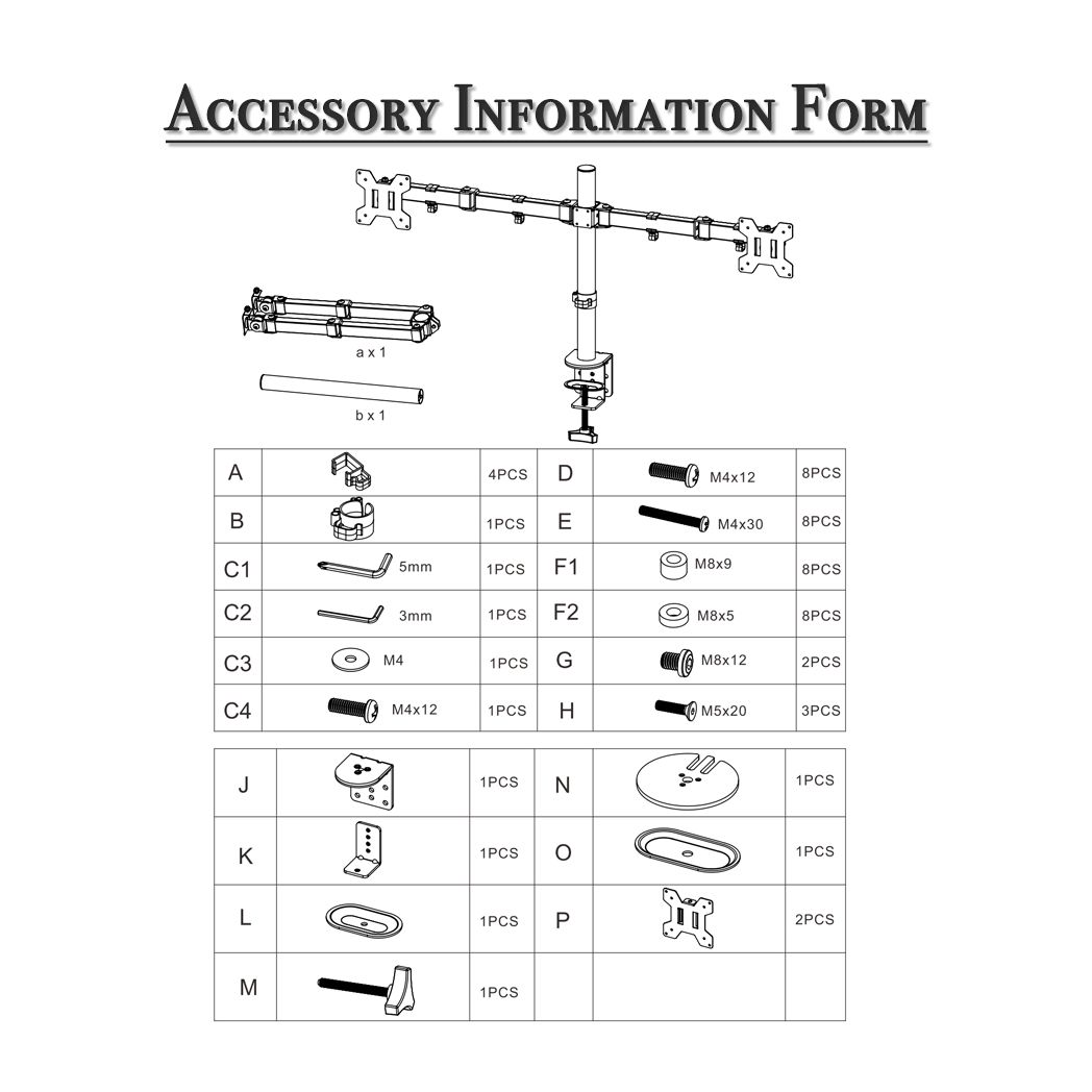 Accessory information diagram listing dual monitor mount parts and fasteners