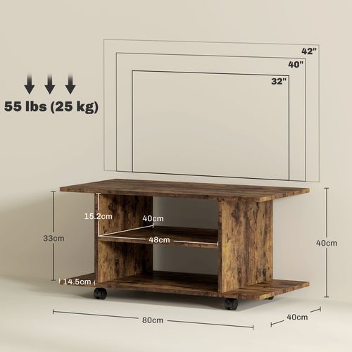 Rustic brown TV stand size diagram with open shelves and 80 cm width