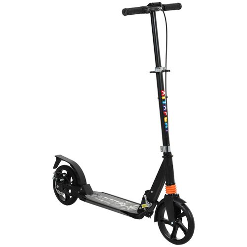 Kids foldable kick scooter, black deck and handlebar, colorful stem accents, rear wheel