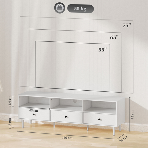 White TV unit with measurements diagram, featuring open shelves and three drawers