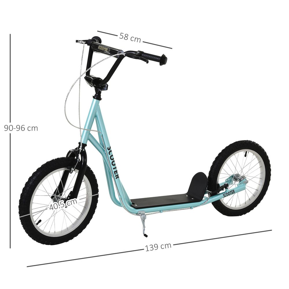 Kids kick scooter with light blue frame, black deck pad, and size measurement arrows