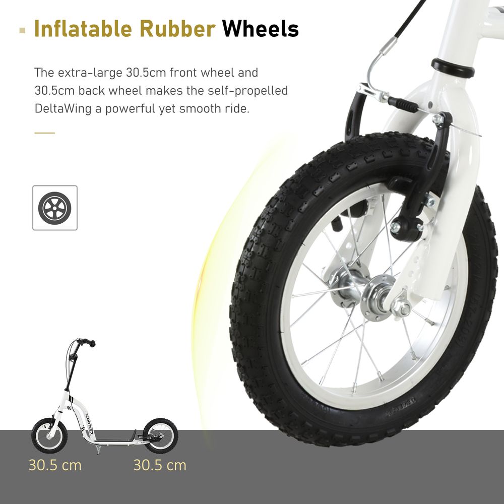 Front wheel of white kids kick scooter with black inflatable rubber tire and metal fork