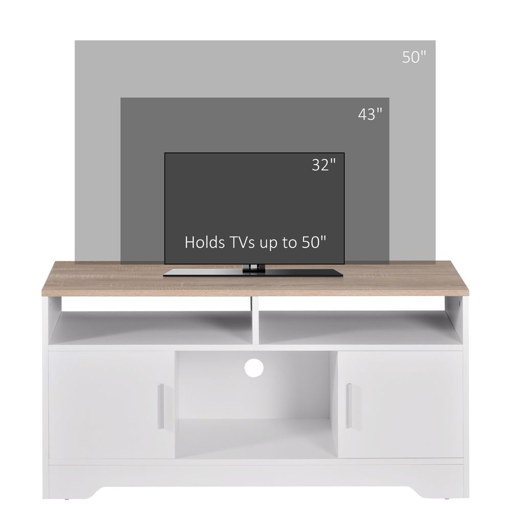 White TV stand cabinet for TVs up to 50 in, with two open shelves and doors