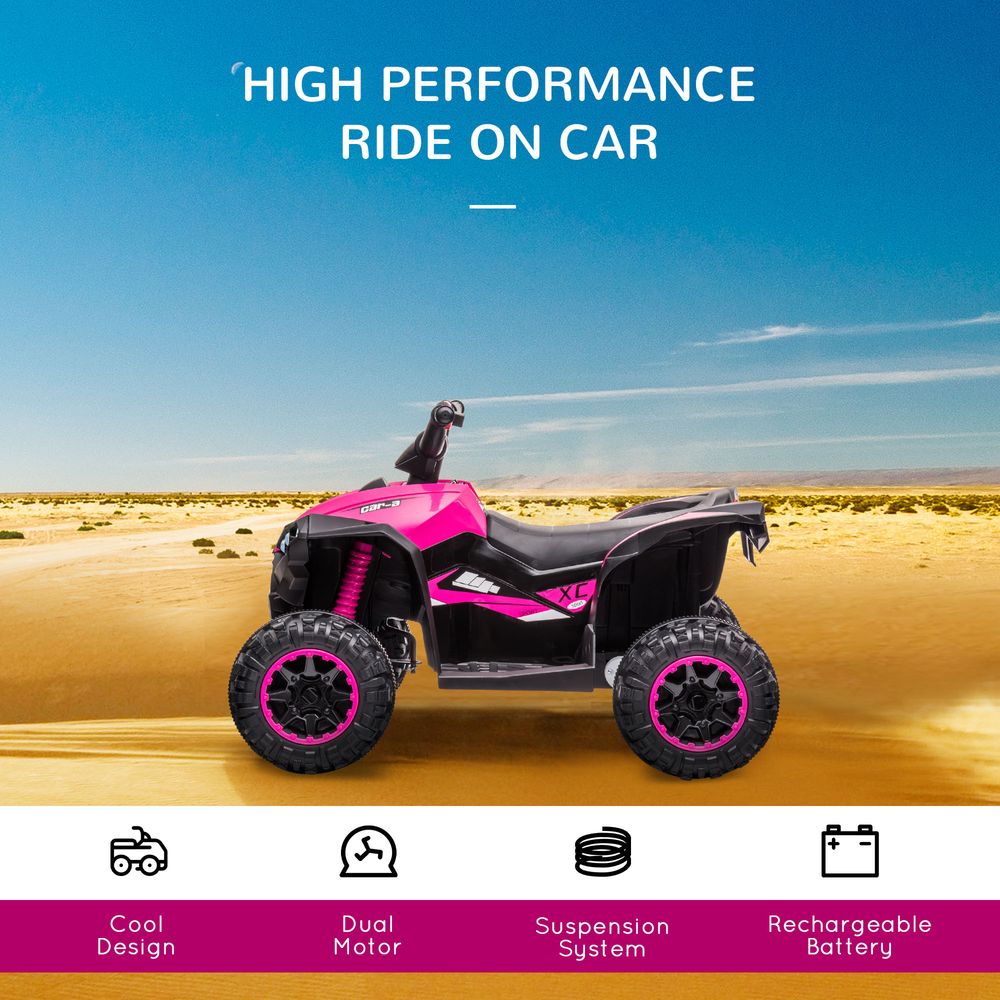 Pink and black kids electric quad bike with large wheels and visible rear suspension