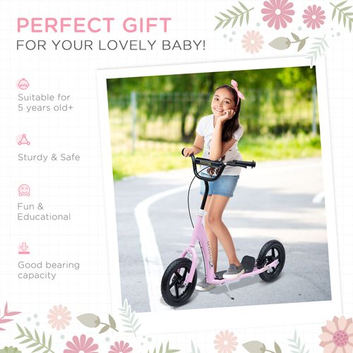 Kids kick scooter with pink frame and black handlebar, designed for outdoor rides.