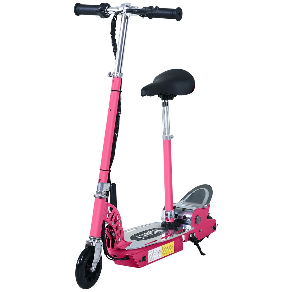 Pink electric kick scooter with black handlebars, seat, and gripped stem, side view