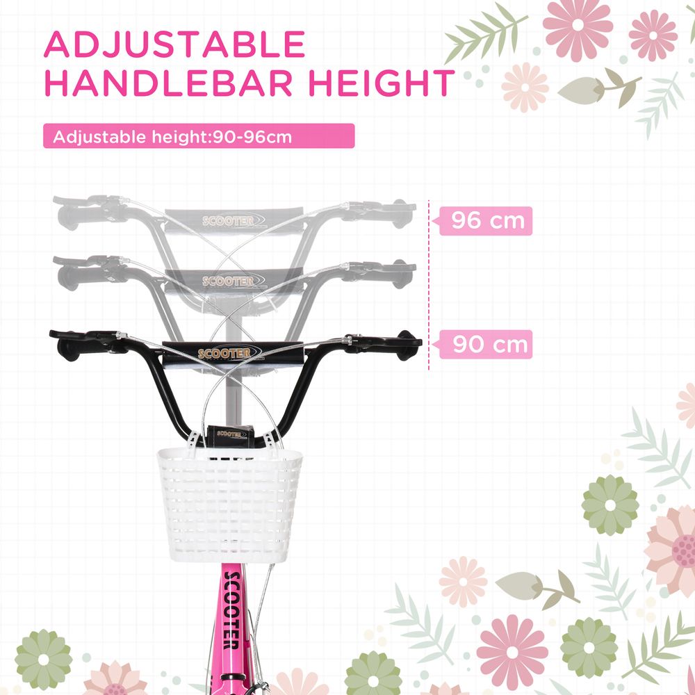 Pink kids scooter with adjustable handlebar and white front basket