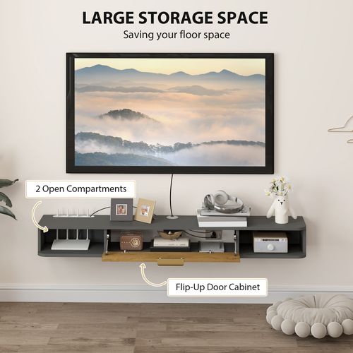Grey wall-mounted TV console with open compartments and flip-up cabinet door