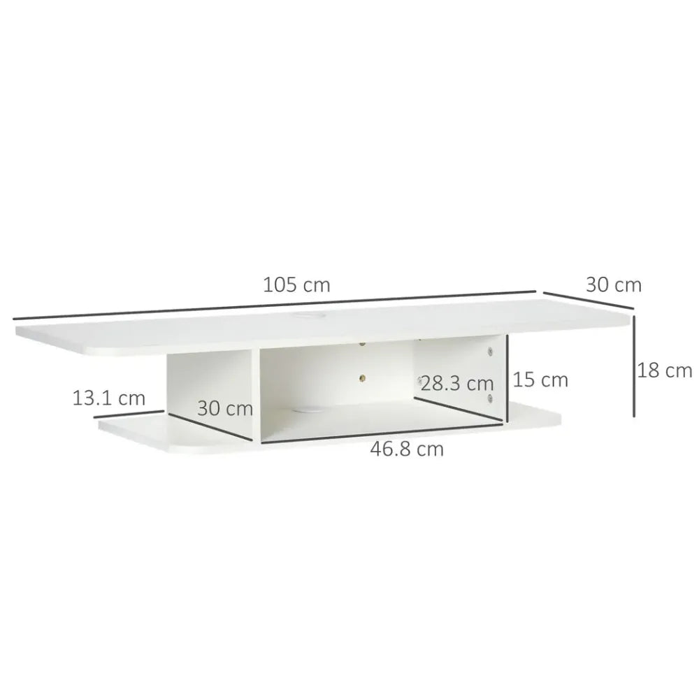 White wall mount TV console with twin side shelves and wide open center bay