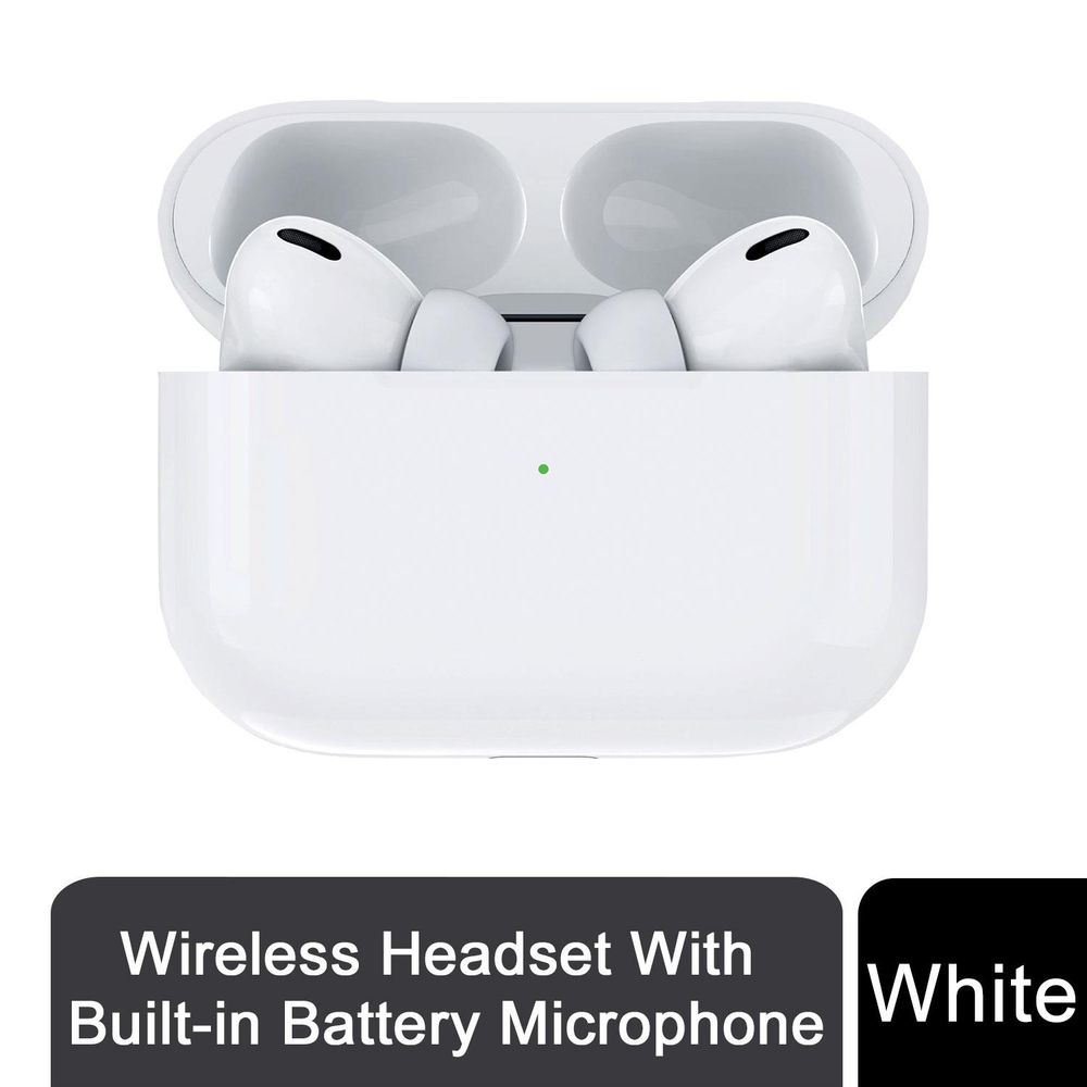 White wireless earbuds in charging case, open lid with visible earbud speakers