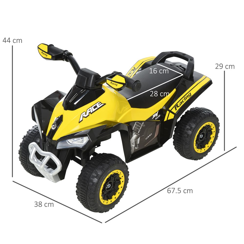 Yellow and black toddler ride-on quad with black seat, handlebars, and side decals