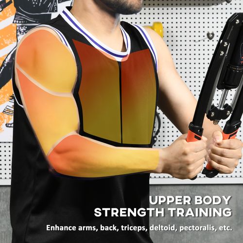 Kids scooter held in arms for strength training, with black frame and orange-red details