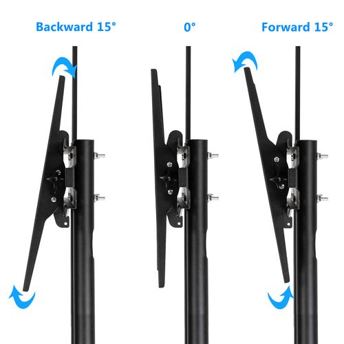 Adjustable TV bracket tilt showing forward and backward angles on mobile cart