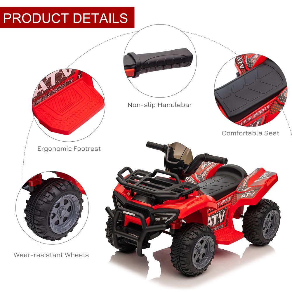 Red kids quad ATV highlights: non-slip handlebar, ergonomic footrest, and comfort seat.