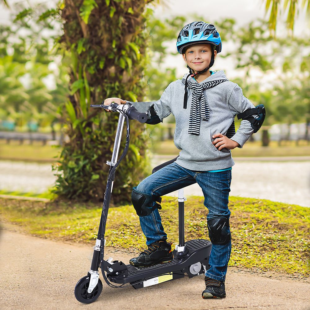 Black kids electric ride-on scooter with handlebar, foot deck, and wheels
