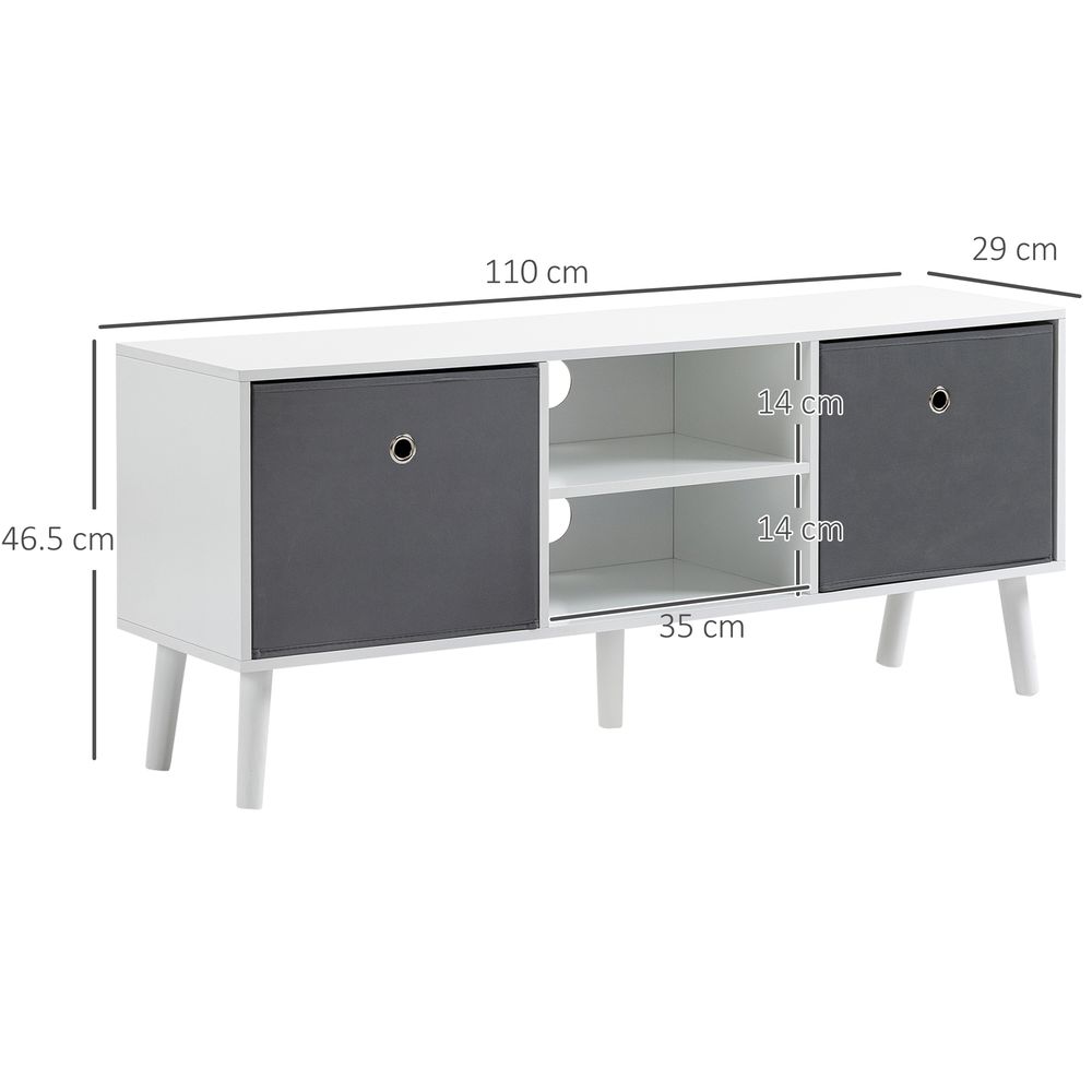 TV cabinet with white frame, gray drawers, and open center compartment on sturdy legs