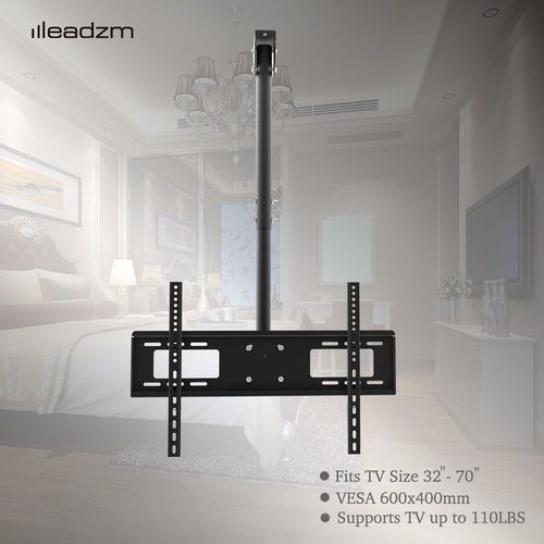 Black retractable ceiling TV mount bracket installed on a ceiling