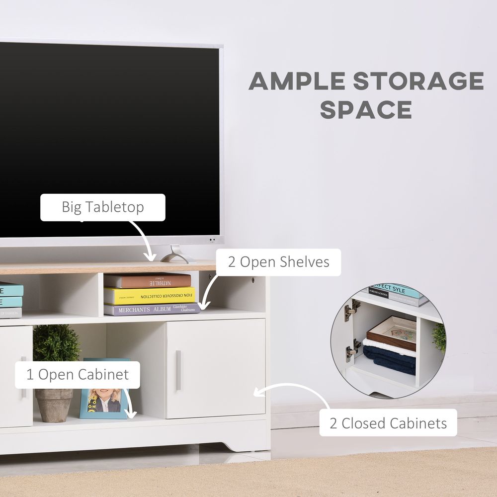 White TV stand with two open shelves and two closed cabinets for storage