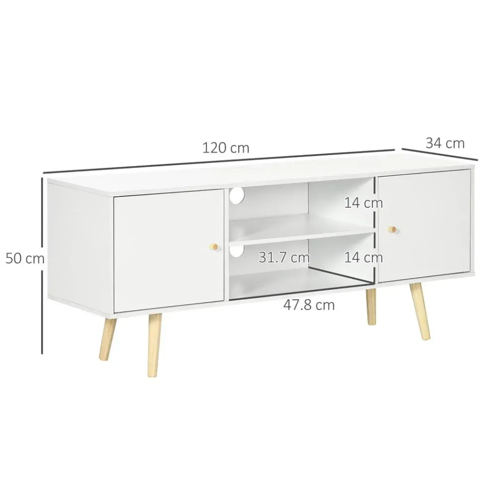 White TV stand cabinet with two side doors and center open shelf, gold-tone wood legs.