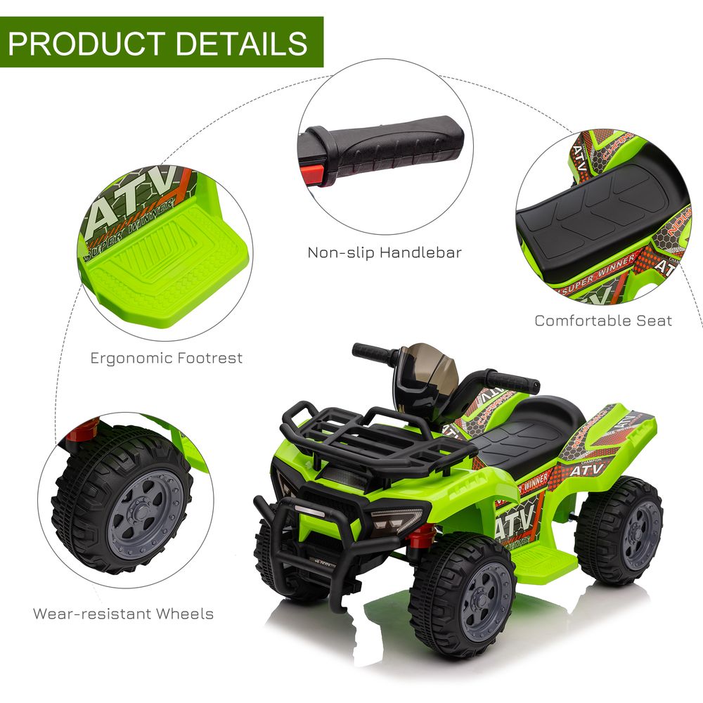 Lime green quad bike ATV showing non-slip handlebar, seat, and footrests