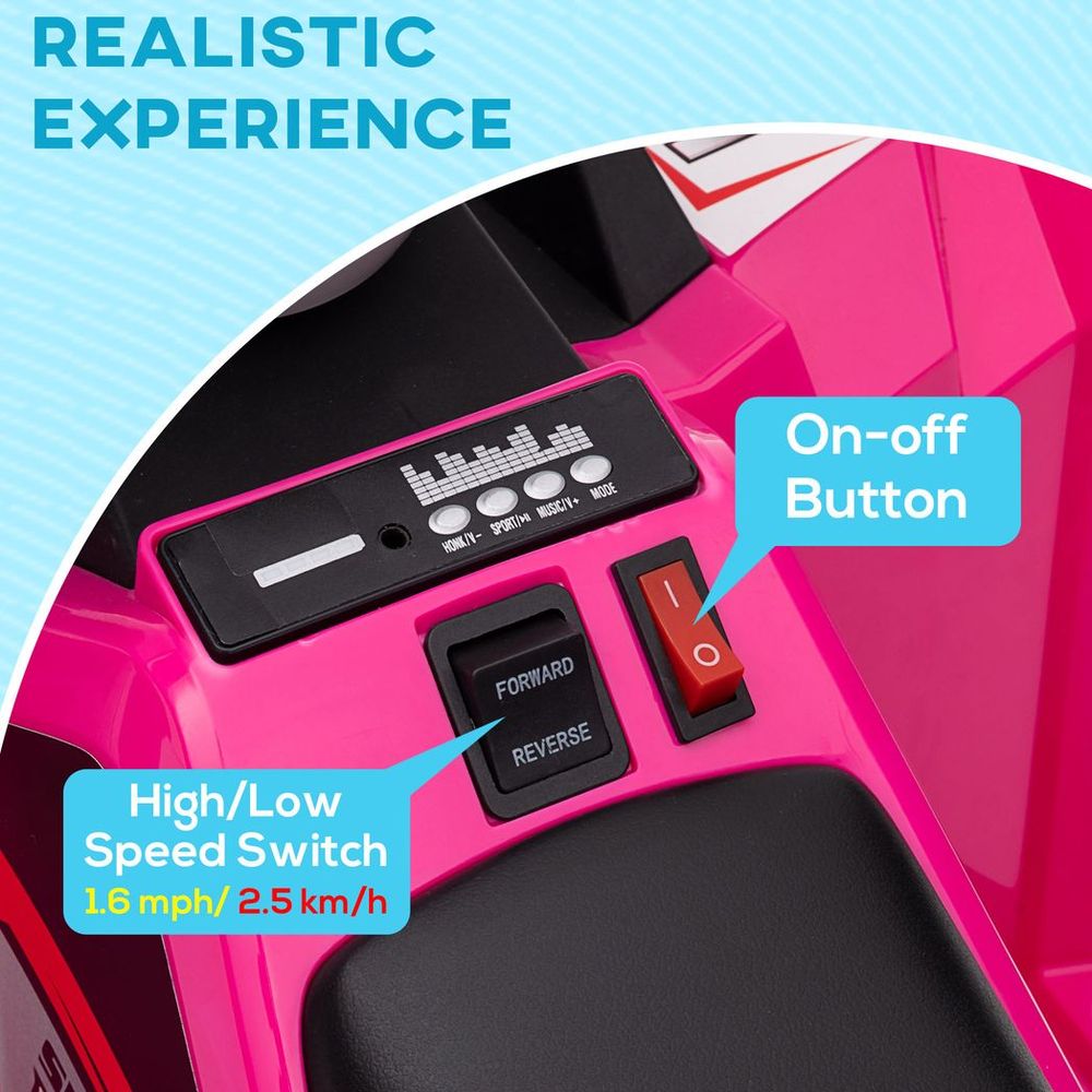 Pink ATV control panel with on-off button, speed switch, and forward/reverse