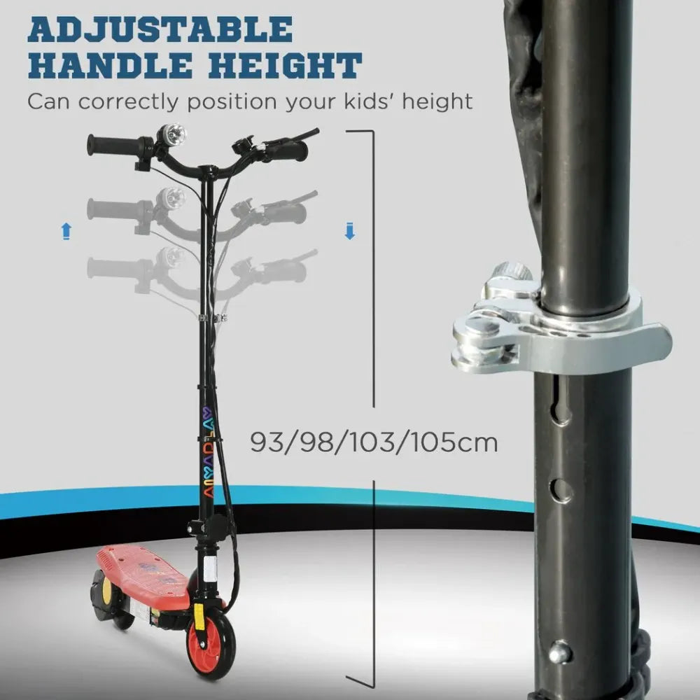 Electric scooter with adjustable handlebar height, red deck, and black frame