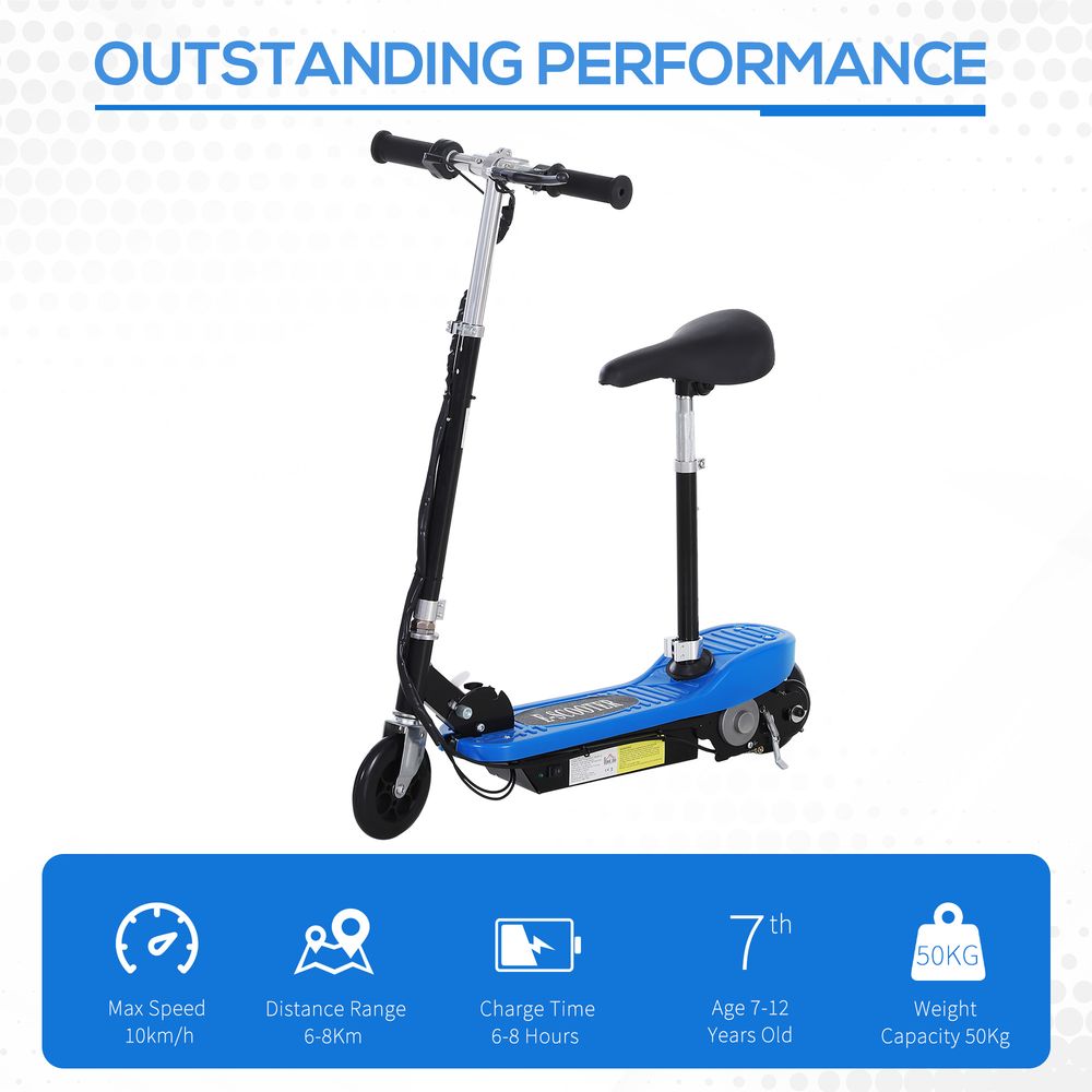 Kids electric ride-on scooter with blue deck and black frame, raised adjustable seat