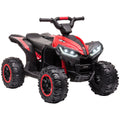 Red and black kids electric quad bike toy with four rugged wheels and front LED headlights