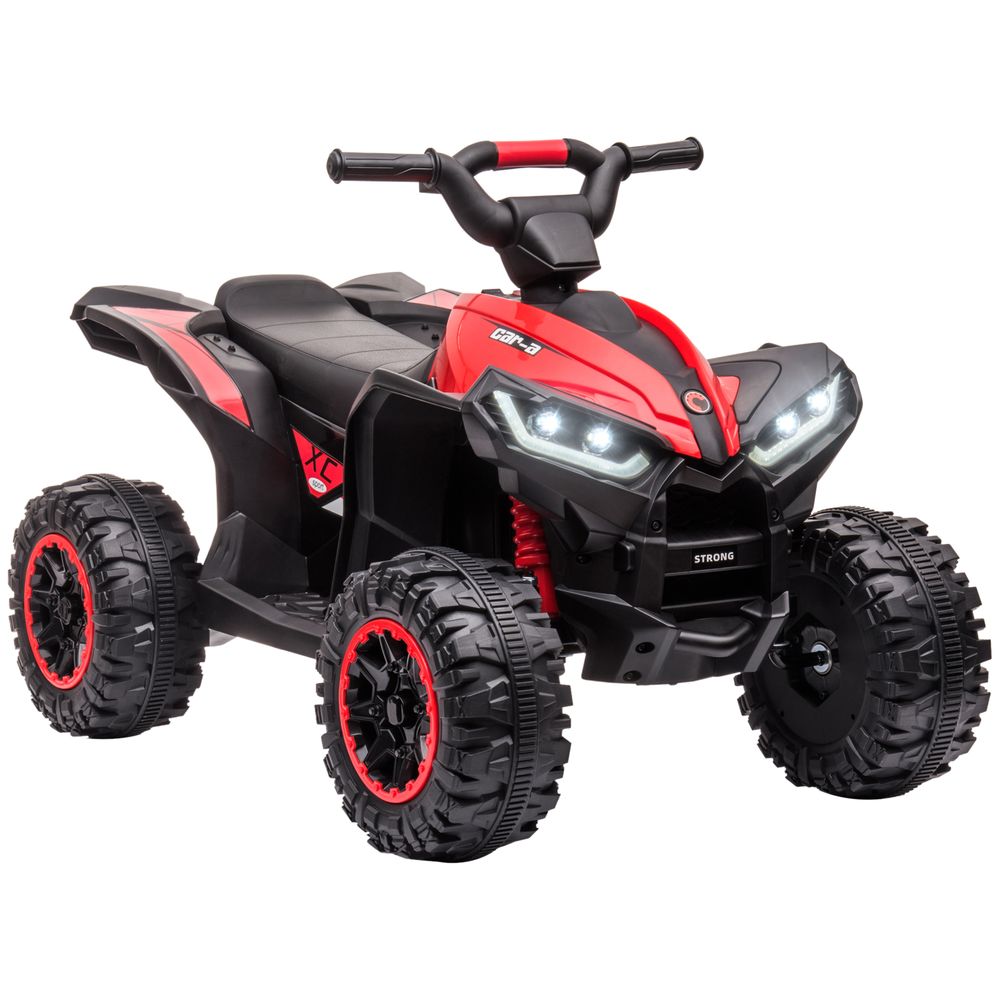 Red and black kids electric quad bike toy with four rugged wheels and front LED headlights