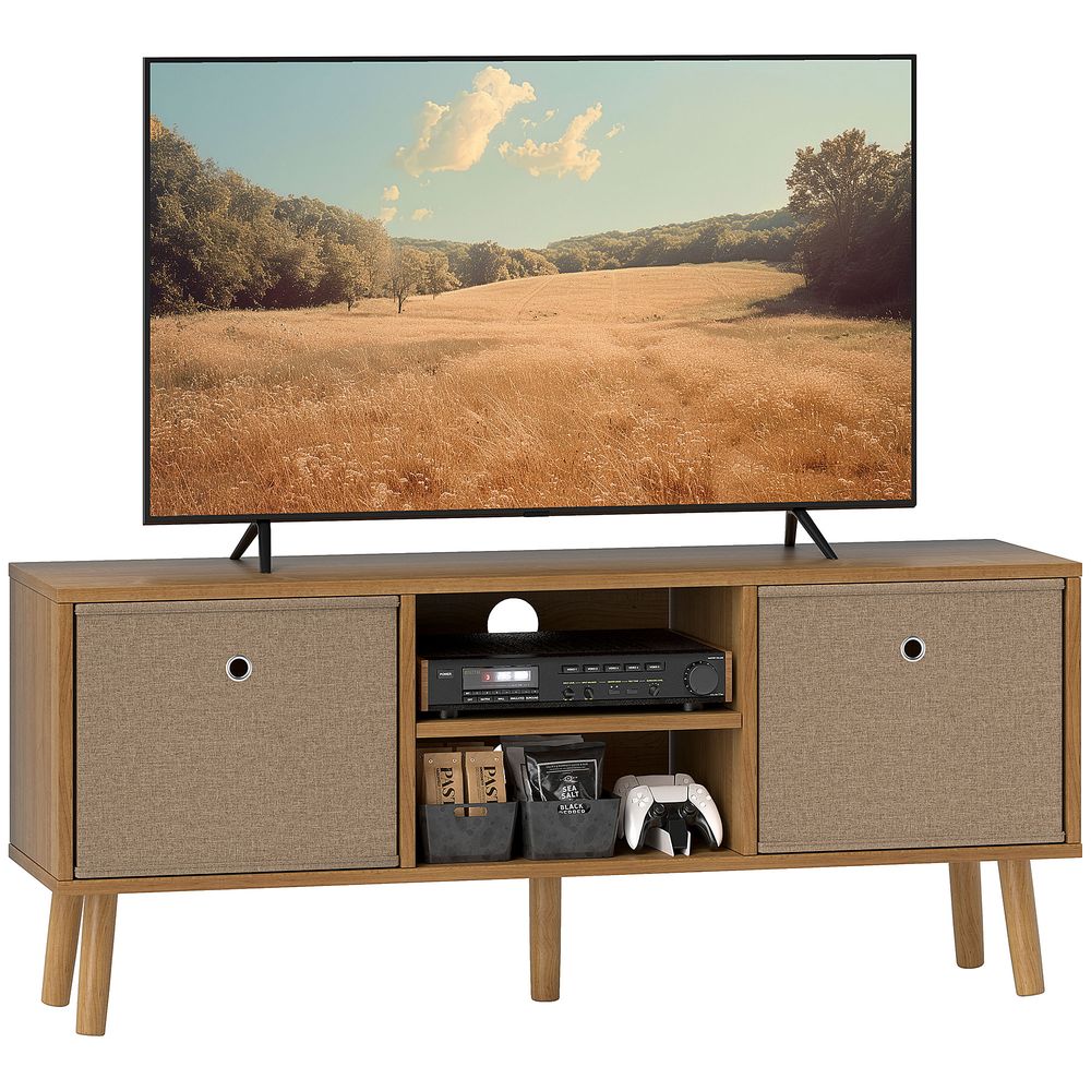 Rustic brown TV stand cabinet with fabric doors on sides, open media shelf, and two drawers