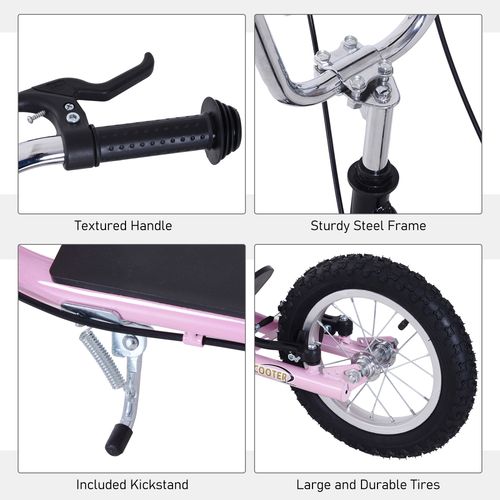 Kick scooter features: textured handle, sturdy steel frame, kickstand, and durable tires