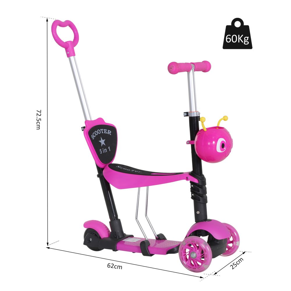 Pink kids kick scooter with push handle, front wheels, and standing base