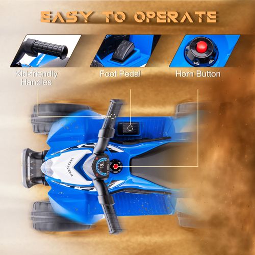 Blue kids electric quad bike with front wheel and handlebars, showing control area