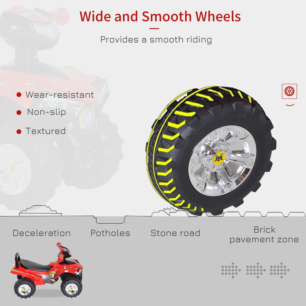 Black off-road tires with silver rims on red kids quad bike