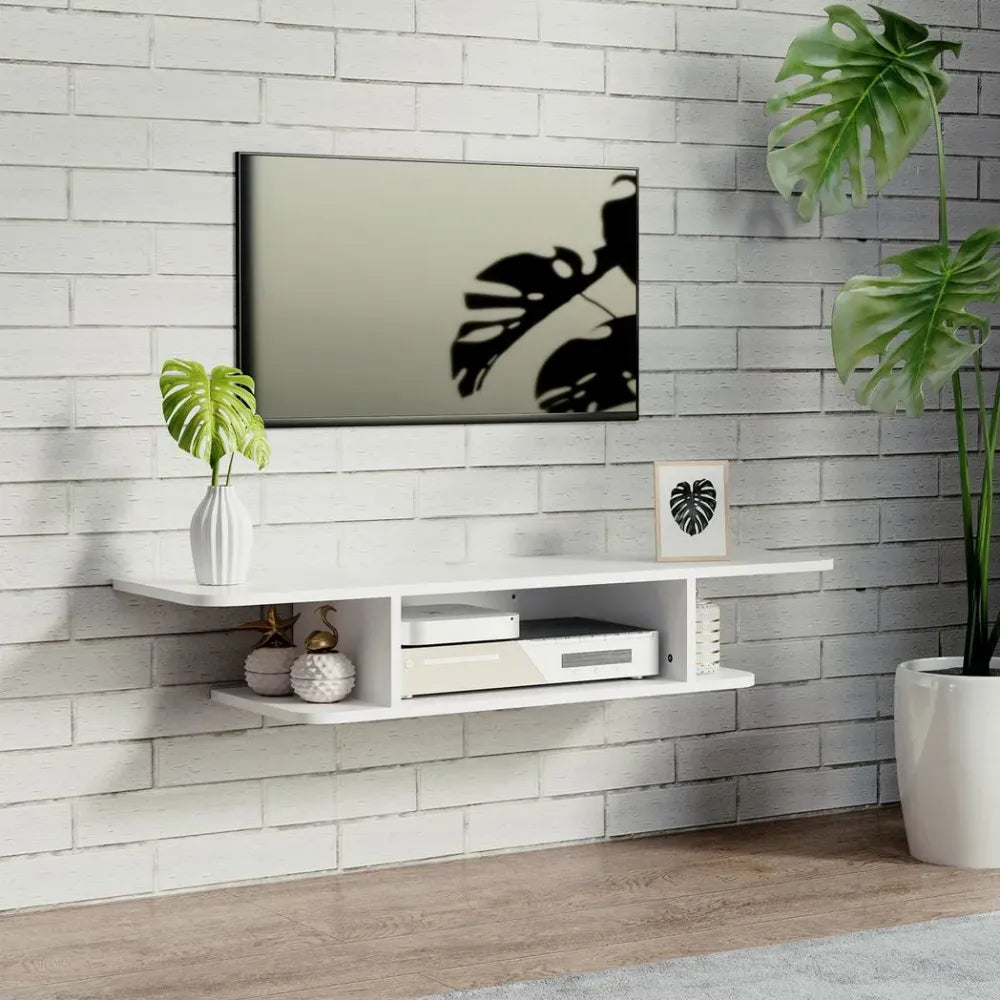 White wall-mounted TV console with two side cubbies and an open middle shelf