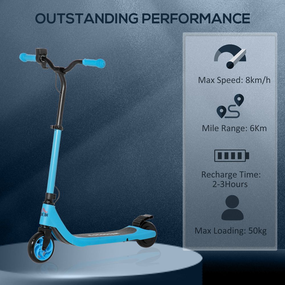 Blue electric scooter with wheel, handlebars, and max speed/range performance chart
